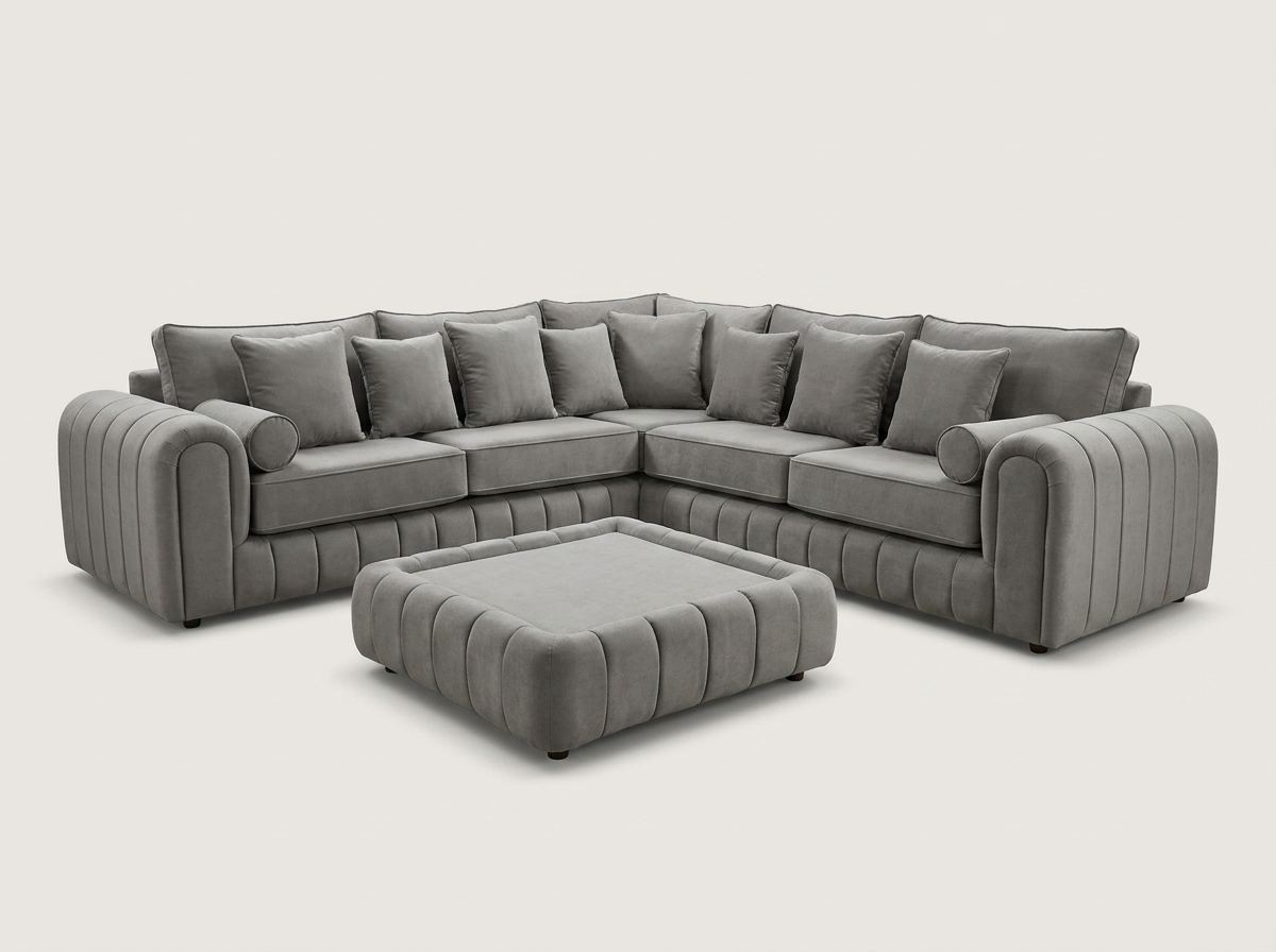 Alaska Corner Sofa by Barki Sofa Hub — grey, shown with coffee table