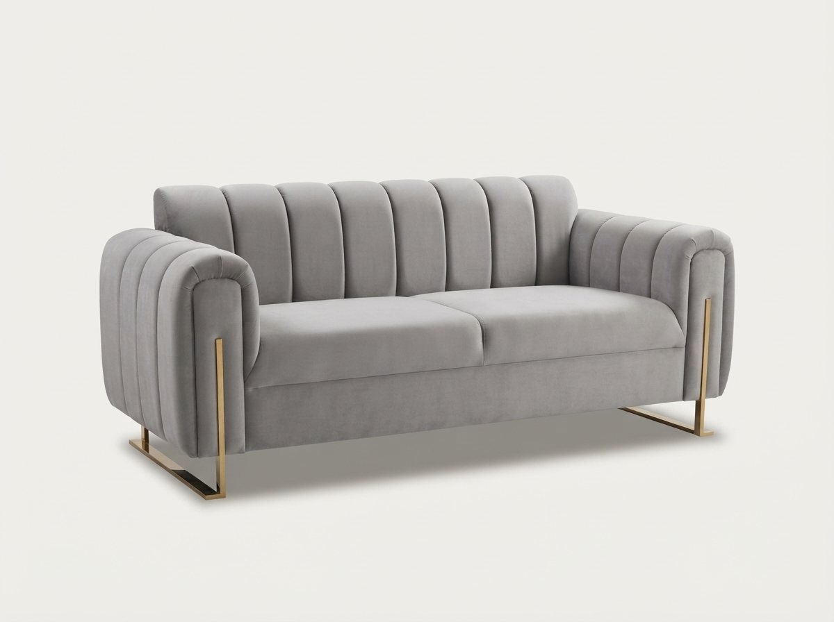 Lilly Fixed Seat Sofa in grey fluted velvet with a gold frame