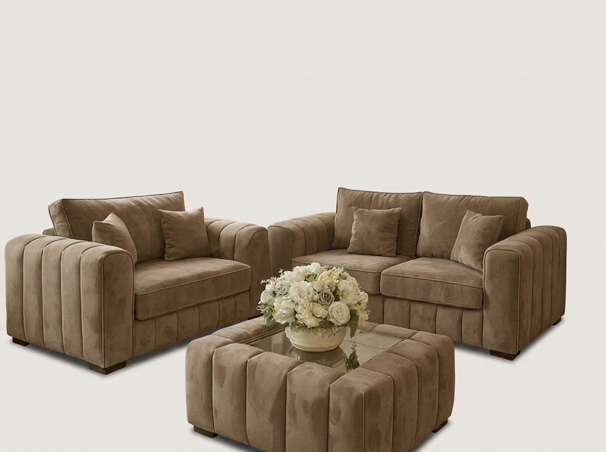 Alaska 2+3 Seater Sofa by Barki Sofa Hub — mink, shown with armchair and coffee table