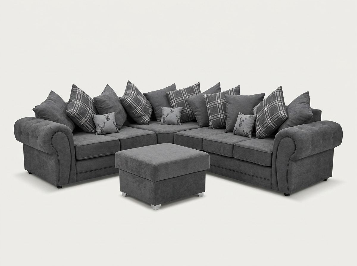 Verona Corner Sofa by Barki Sofa Hub — large corner, scatter back in charcoal, shown with footstool