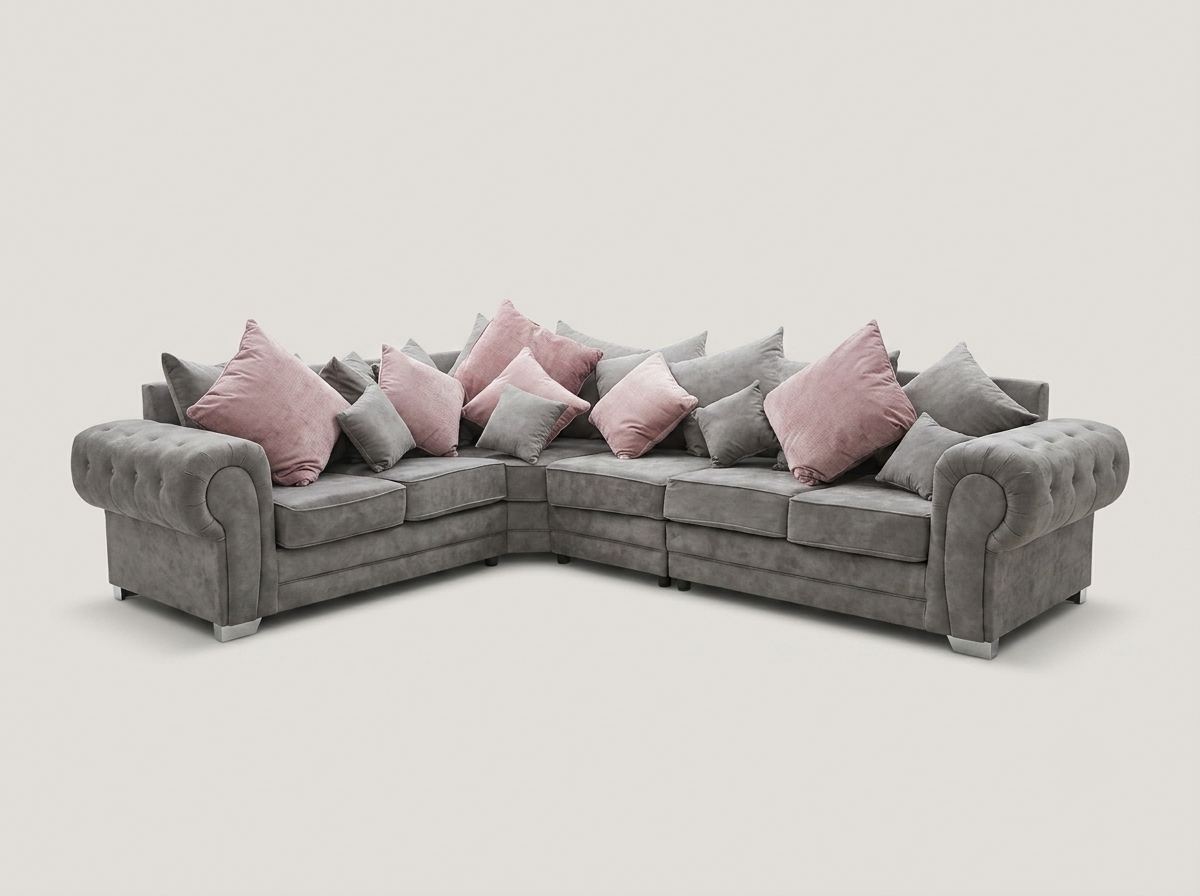 Verona Corner Sofa by Barki Sofa Hub — large corner, scatter back in grey with pink cushions
