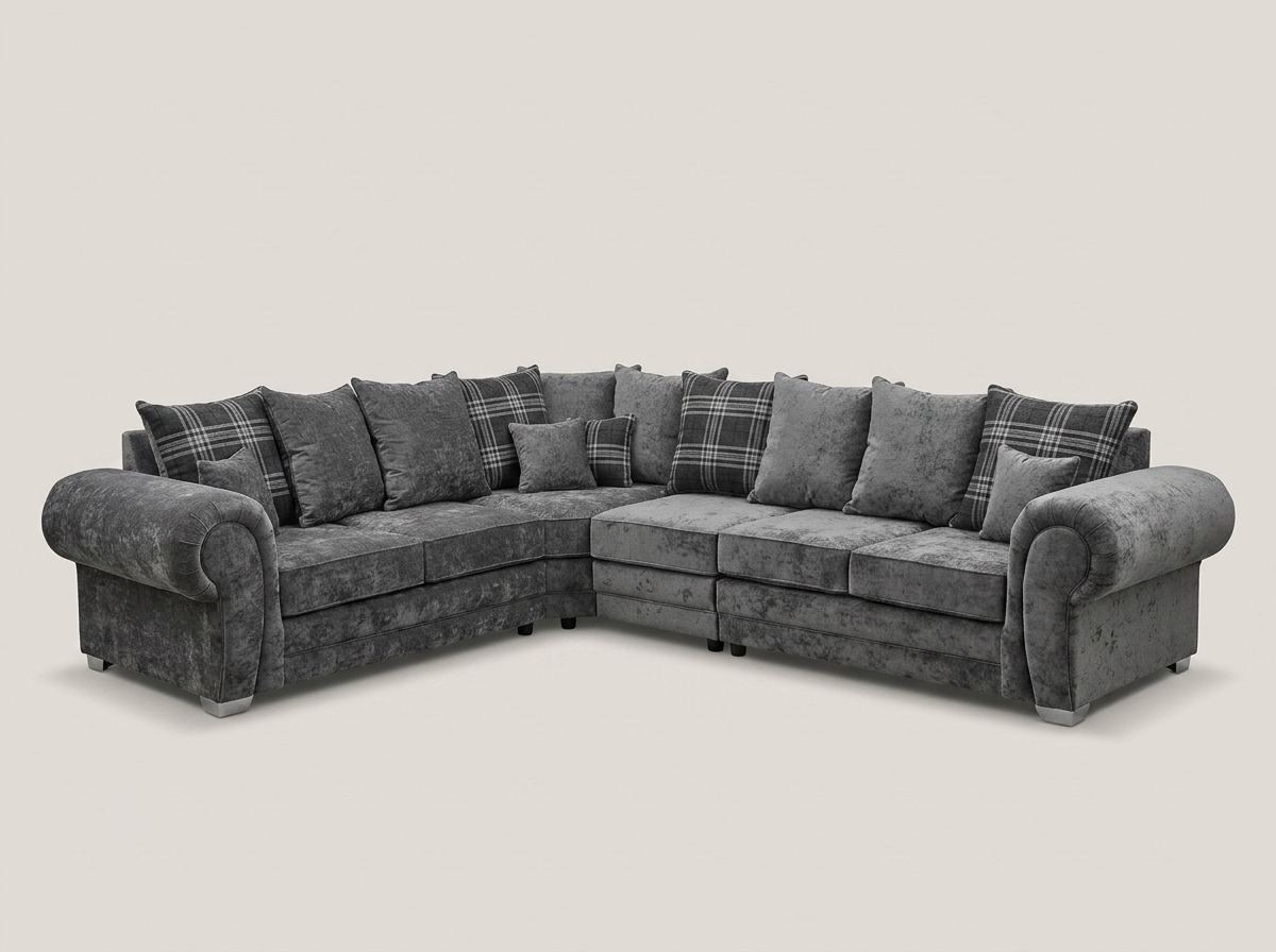 Verona Corner Sofa by Barki Sofa Hub — large corner, scatter back in charcoal with check cushions