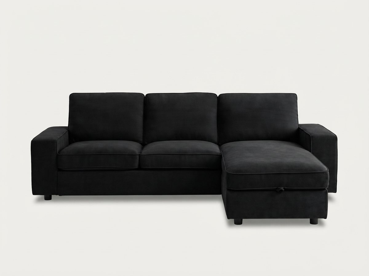 L-Shape Sofa by Barki Sofa Hub — black with plain arms and storage chaise