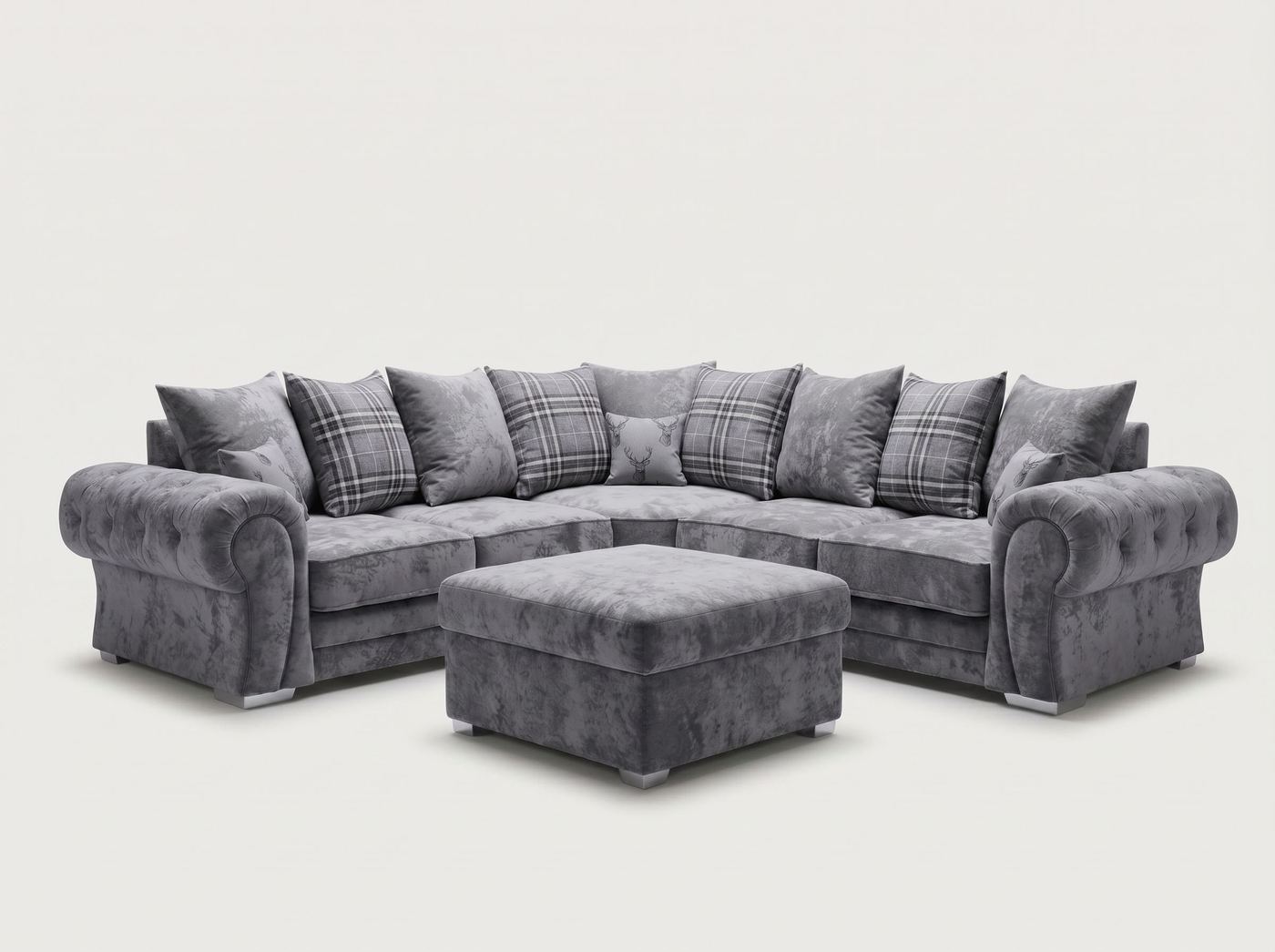 Verona Corner Sofa by Barki Sofa Hub — scatter back in grey, shown with footstool